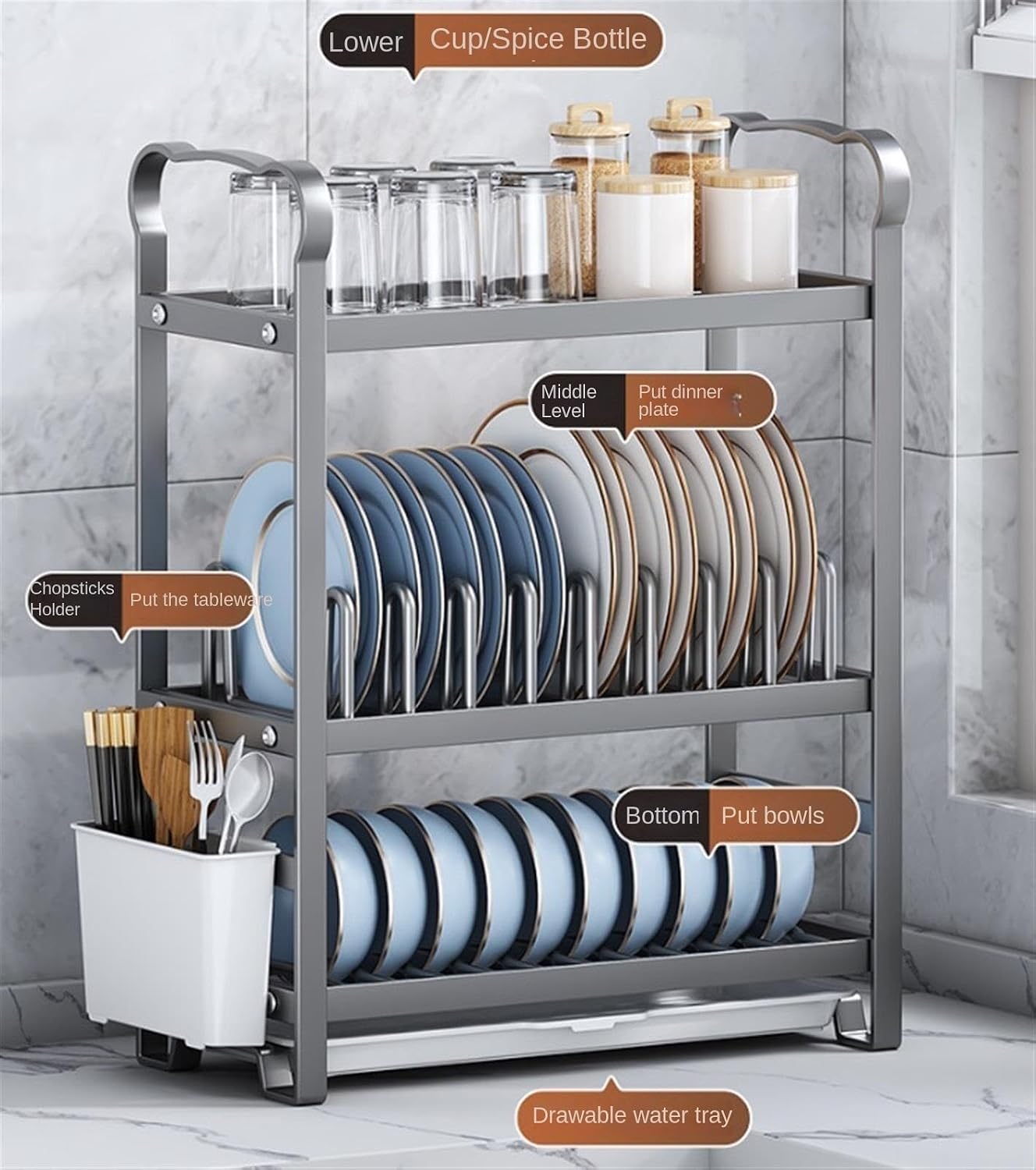 Dish Drying Rack Tableware Holder 3 Tier Dish Drying Rack Space Saver Dish Dryer Rack with Dish Drainer Nop-Slip Pads Drying Rack Kitchen