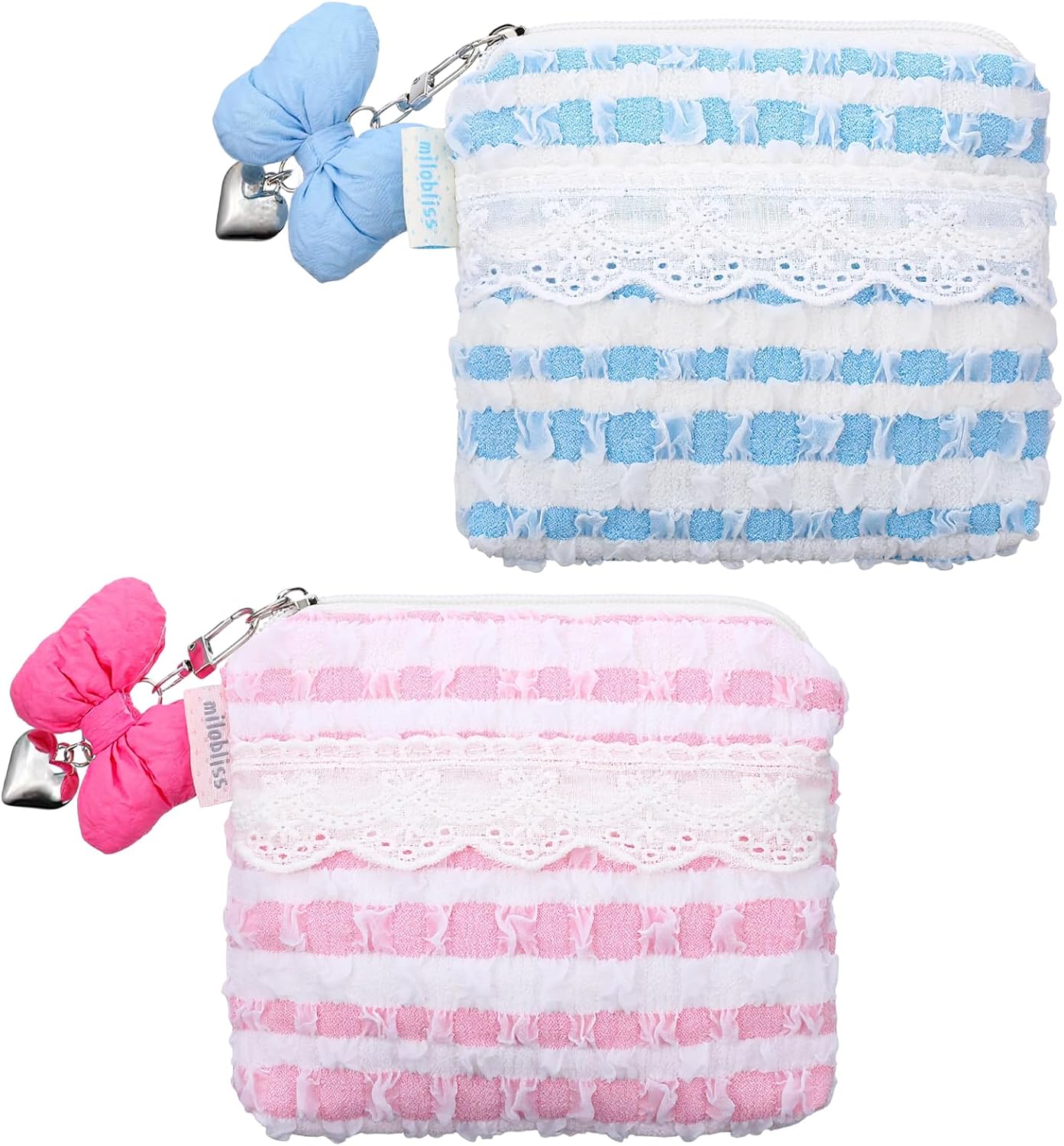 2 PCS Cotton Quilted Bow Coin Purse, 6 x 4.3 In Small Makeup Bag