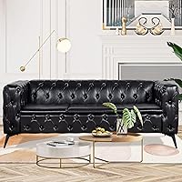 Vista 1 de Sofás negros para sala de estar, moderno sofá Chesterfield copetudo, asiento profundo, cómodo sofá de piel sintética, brazos enrollados plisados