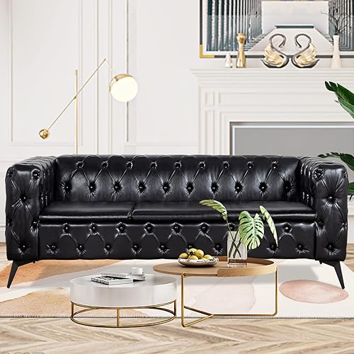 Vaztrlus Sofás negros para sala de estar, moderno sofá Chesterfield copetudo, asiento profundo, cómodo sofá de piel sintética, brazos enrollados