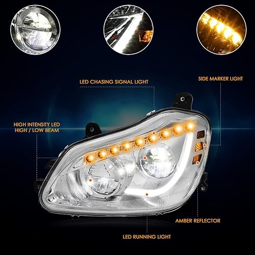 Miniatura 3 de PM PERFORMOTOR Full LED DRL Sequential Signal Headlights Assembly Compatible with Kenworth T680 13-21  Headlamps with Chrome Housing