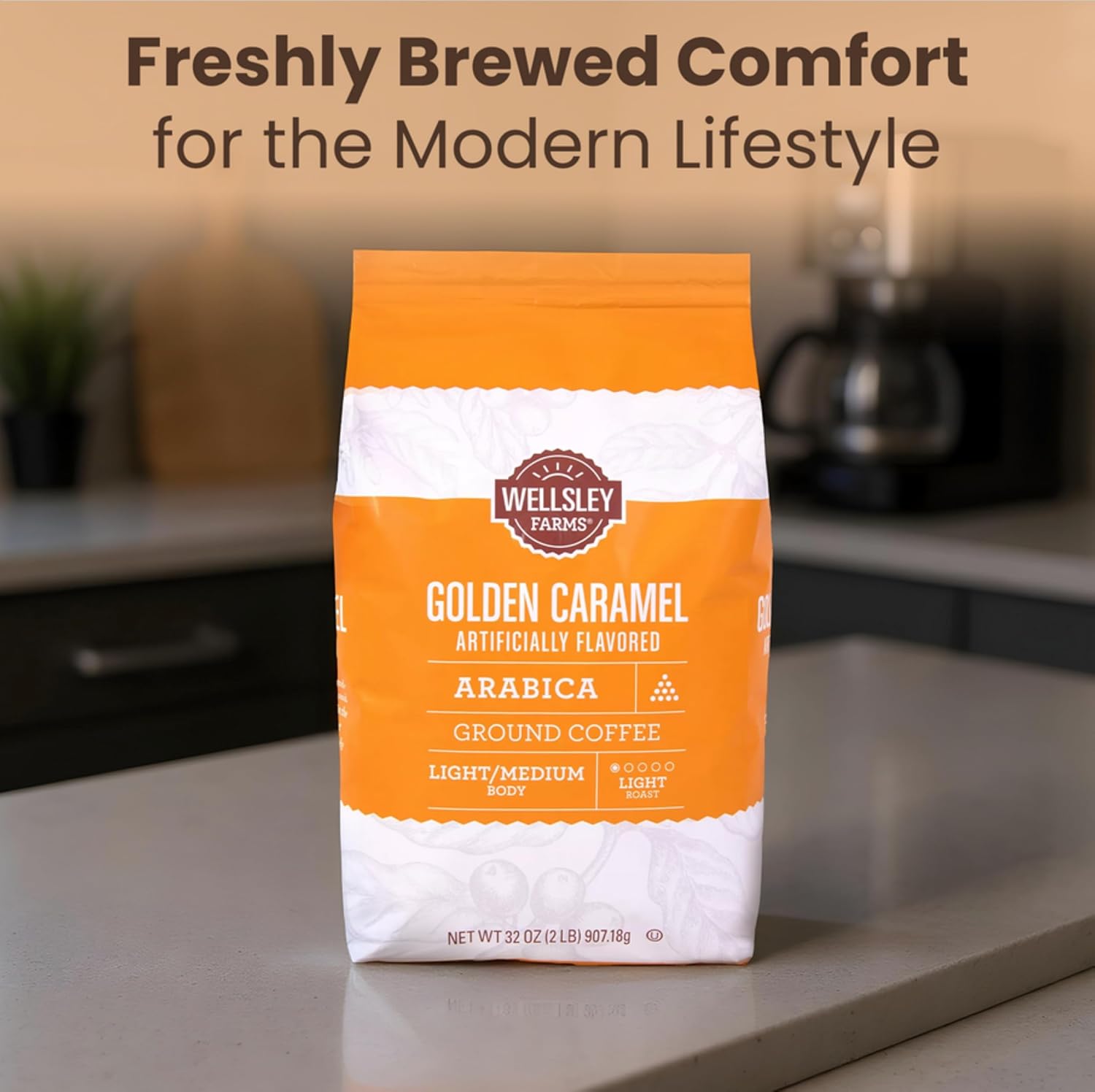 Wellsley Farms Golden Caramel Ground Coffee - 100% Arabica Light Roast - Non GMO, Low Carb and Low Sodium - Flavoured Coffee for Home and Office - Smooth Caramel Coffee Taste - 32 oz Resealable Bag