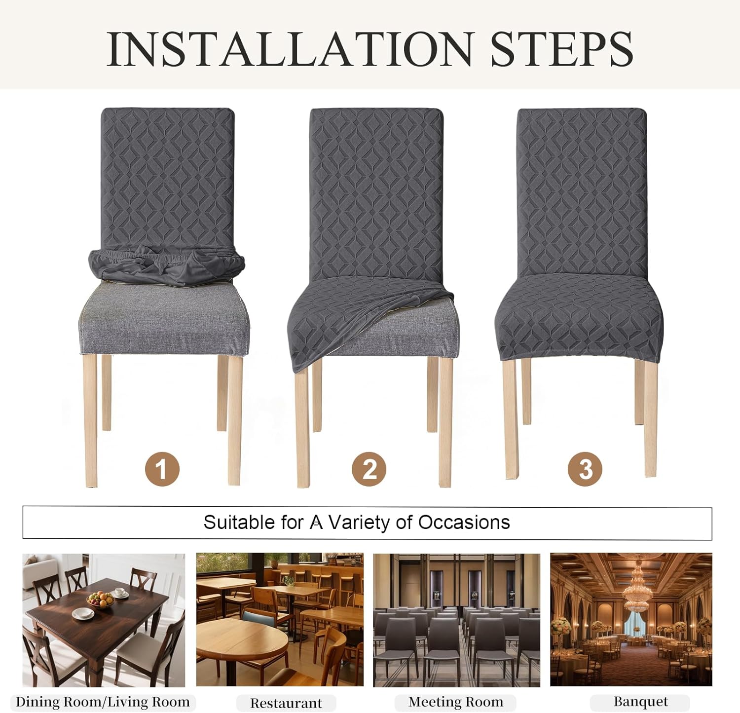 Genina Waterproof Chair Covers for Dining Room Set of 6, Removable Washable Chair Slipcover Protectors, Dark Gray
