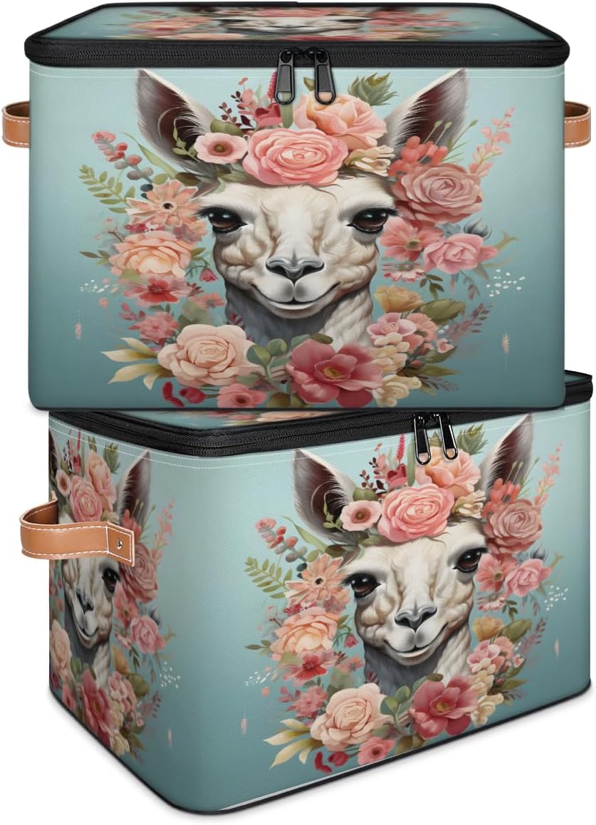 Storage Bin Set of 2 Rose Alpaca Storage Basket with Zipper Lid & Handle Foldable Closet Shelf 2 Pack Cloth Organizer Basket Cube Bins Clothes Organizer for Bedroom, Nursery