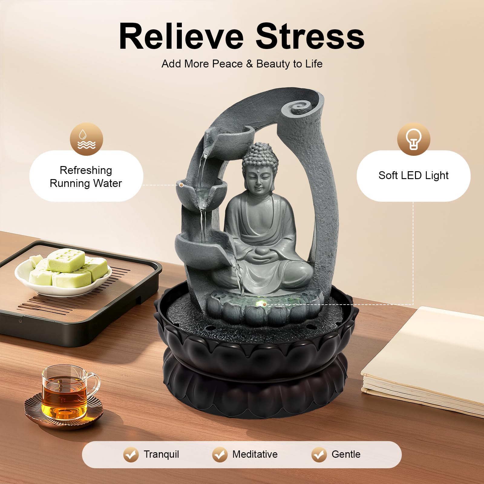 Fontaine Bouddha avec lumière LED - Fontaine de table Shui zen - Décoration en résine - Bouddha - Base lotus - Décoration d'intérieur