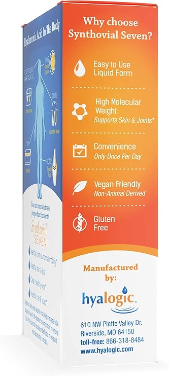 Hyalogic Synthovial Seven Liquid Hyaluronic Acid Vegan Oral Joint & Skin Supplement, High Molecular Weight, Pure Hydration Support Supplements, 1 oz