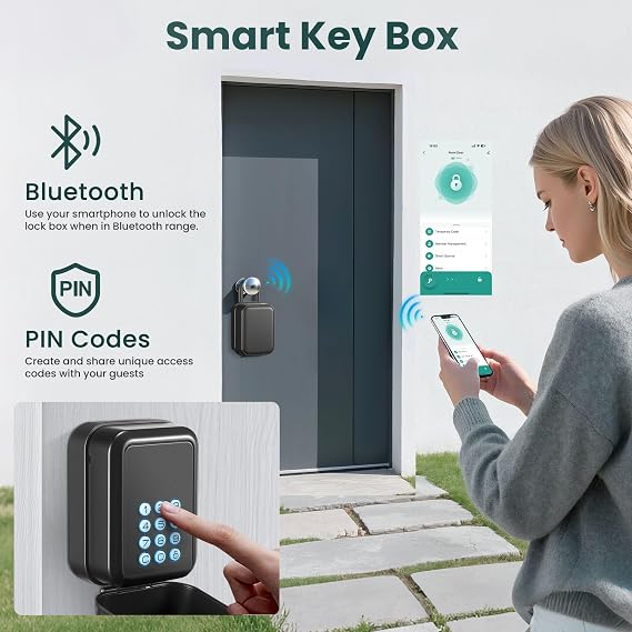 Smart Key Lock Box Electronic Bluetooth Lock Box with Tuya APP Control & PIN Code Types,Share eKey Wall Mounted Lock Box for Airbnb Realtor House Office(Black)