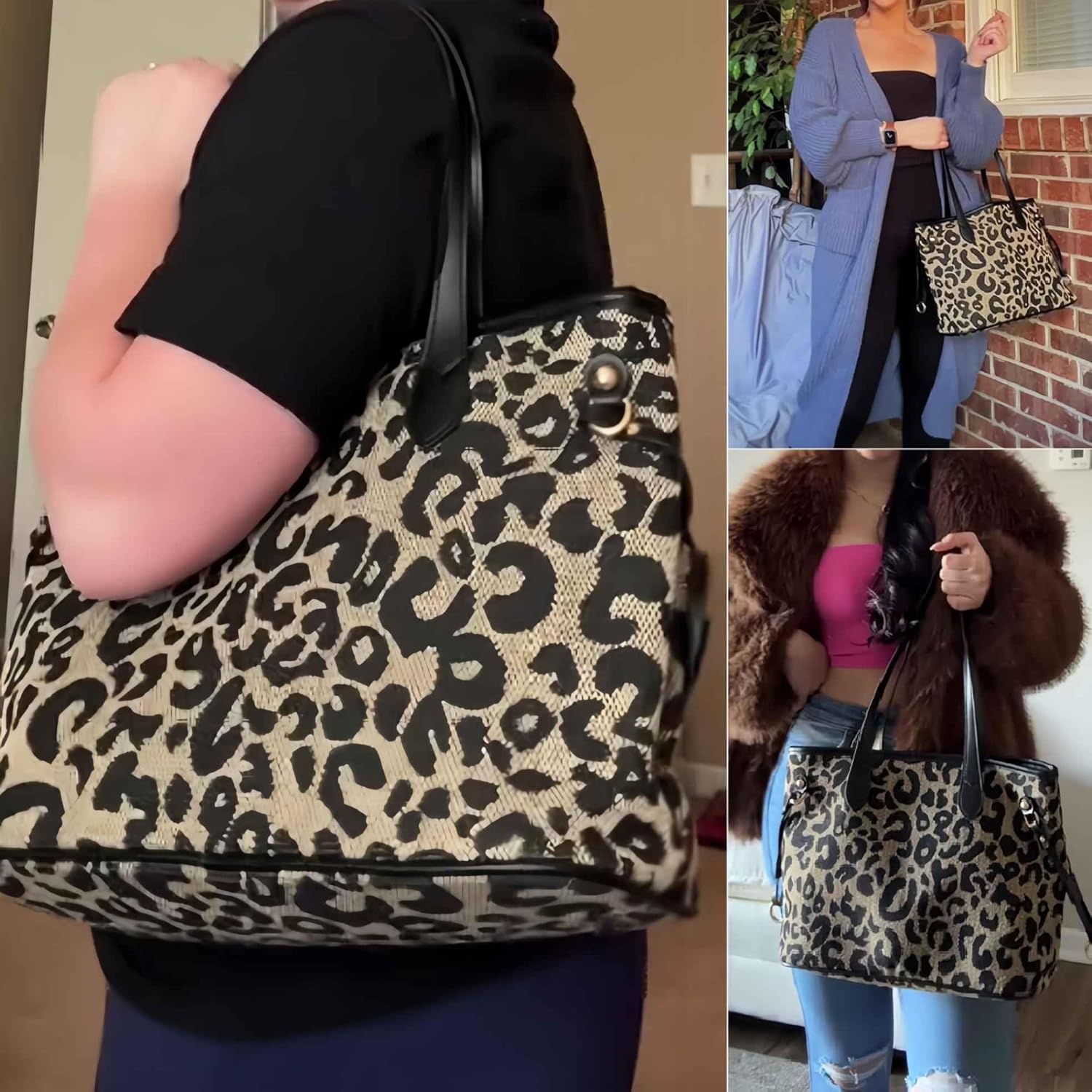 Leopard Print Tote Bag, Cheetah Print Purse for Women, Medium Tote Handbags Leopard Bag with Zipper, Vintage Everyday Casual Purses for Women, Trendy Y2k Fashion Animal Print - Image 2