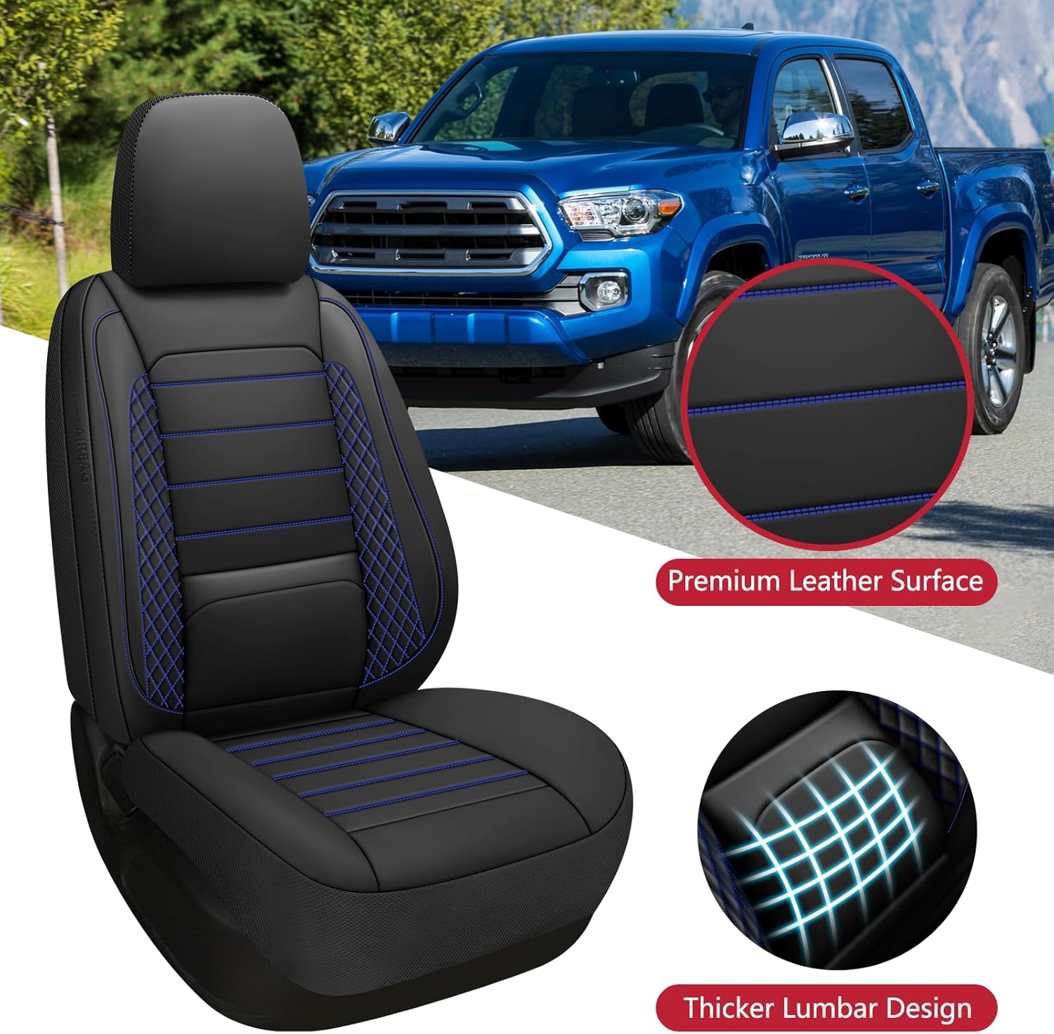 Tacoma Seat Covers 2016-2023 Front Only, Leather Truck Interior Sets with Lumbar Support Custom Fit for Toyota Tacoma 3rd Gen Double/Crew Cab SR SR5 TRD Sport TRD Off-Road TRD Pro(Black Blue)
