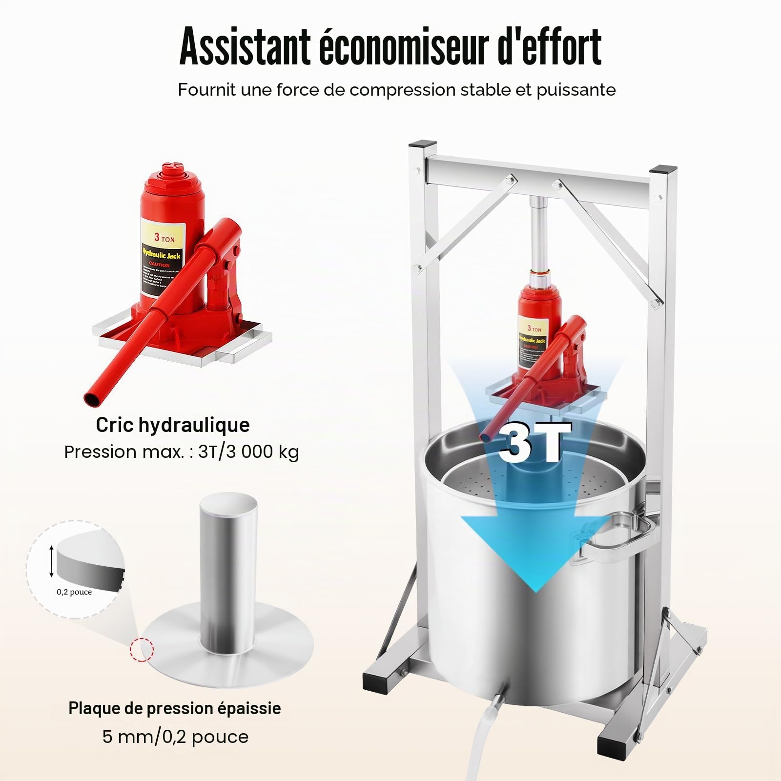 Presse-fruits hydraulique, 22 l, pression 3 tonnes, presse-vin, presse-vin, presse-légumes, presse-baies, presse-agrumes multifonction en acier inoxydable, avec filtre à vin, pour presser le miel, les