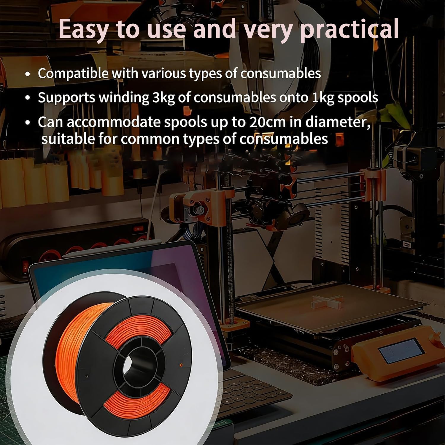 Bobinadora de filamento con diseño modular extraíble y enhebrado manual para suministros de impresión 3D