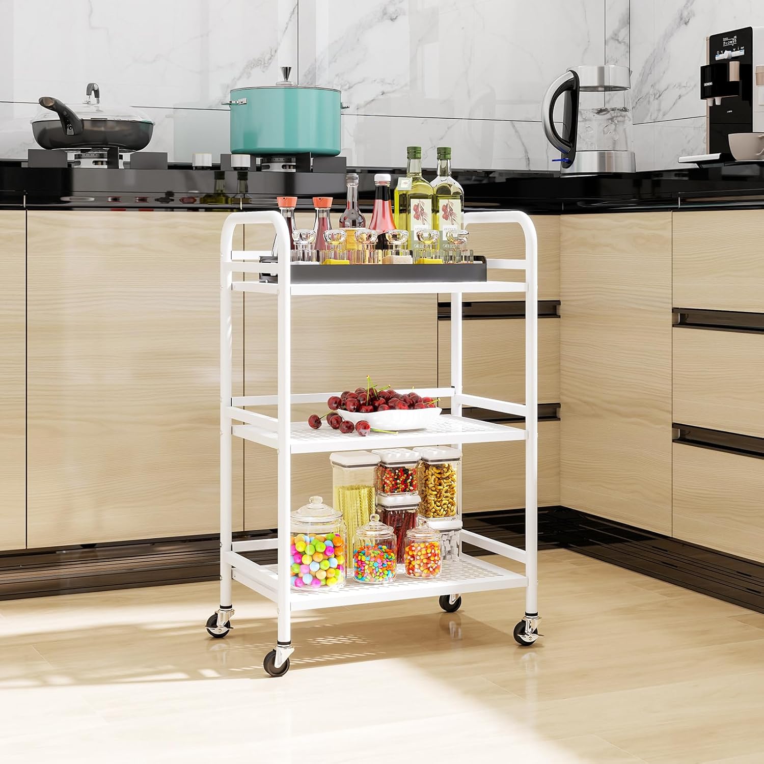 HDANI 3 Tier Rolling Cart,Heavy Duty Multifunctional Metal Frame-Supports 22 Lbs Per Tier,Rolling Cart with 2 Lockable Wheels for Office,Home,Bedroom,Kitchen,Bathroom (White)…