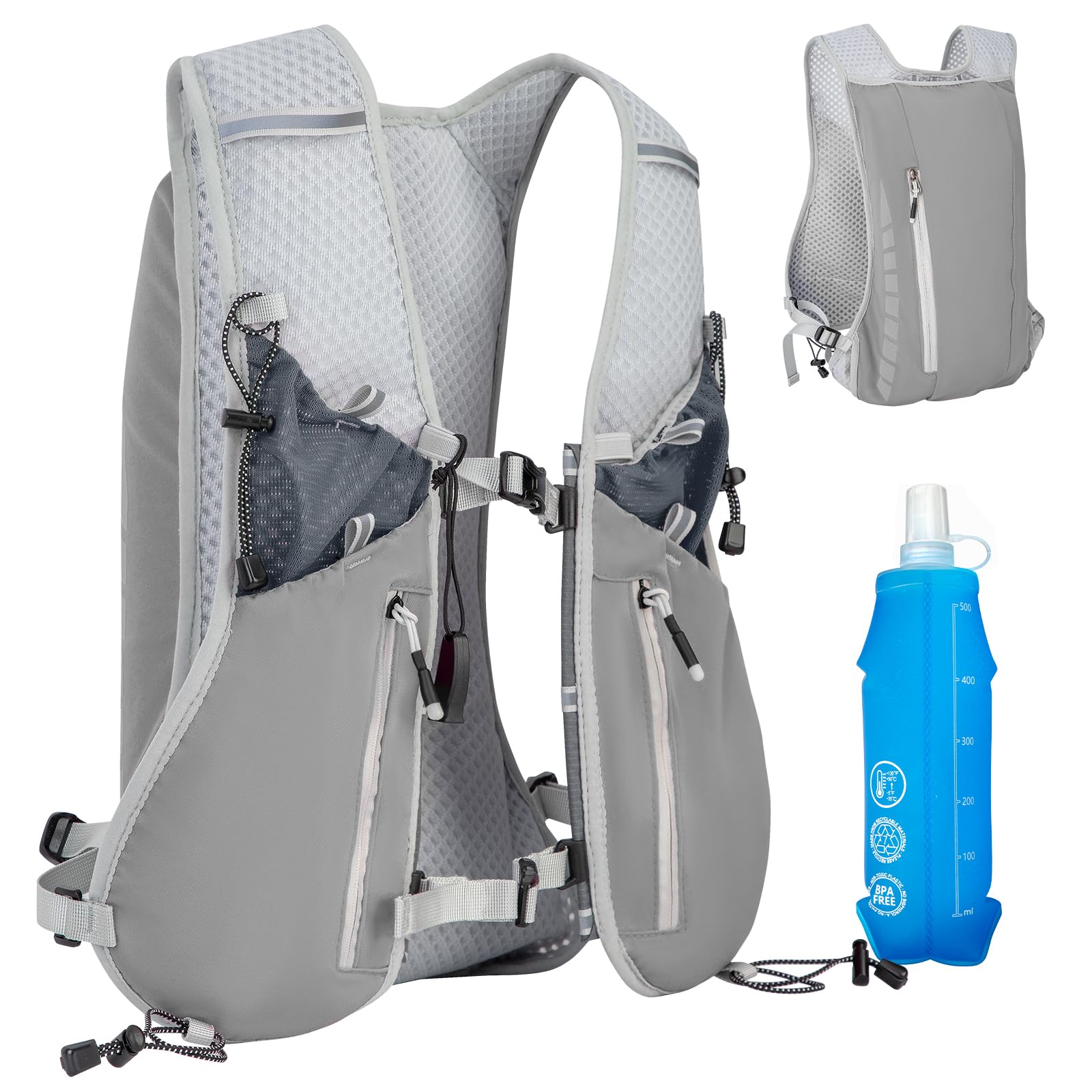 Expansea Zaino da Corsa 7L, Super Leggero Zaino Uomo & Donna, Tasche Multiple, Running Vest With Borraccia Morbida 500ml per Ciclismo, Maratona,Corsa, Arrampicata e Altri Sport All'Aria Aperta