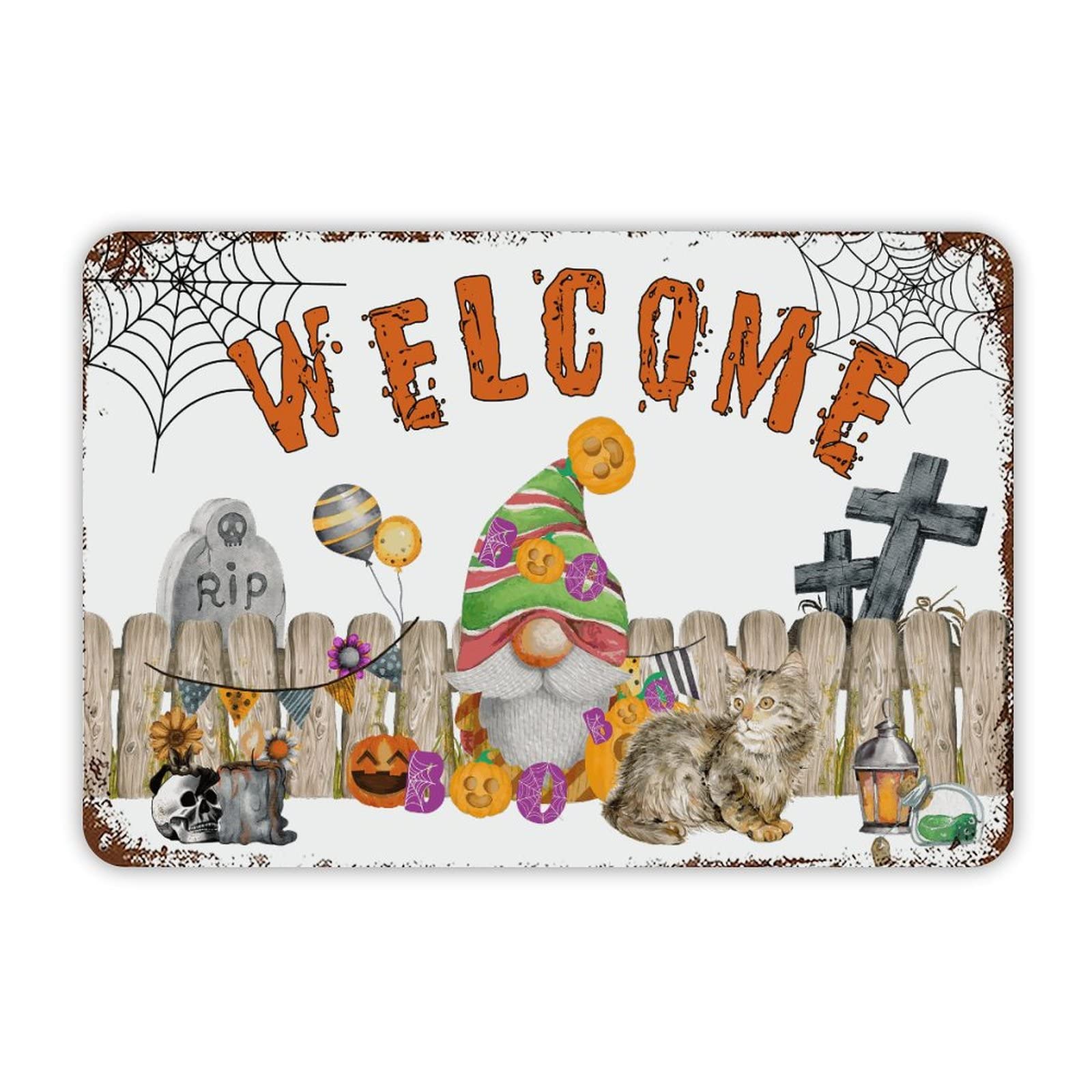 ENEDNATE Welcome Halloween Pumpkin Gnome Cat Aluminum Tin Sign 8x12 Inch Waterproof Vintage Metal Sign for School Office Classroom Gate Garage Garden Home Wall Decoration Housewarming Gifts