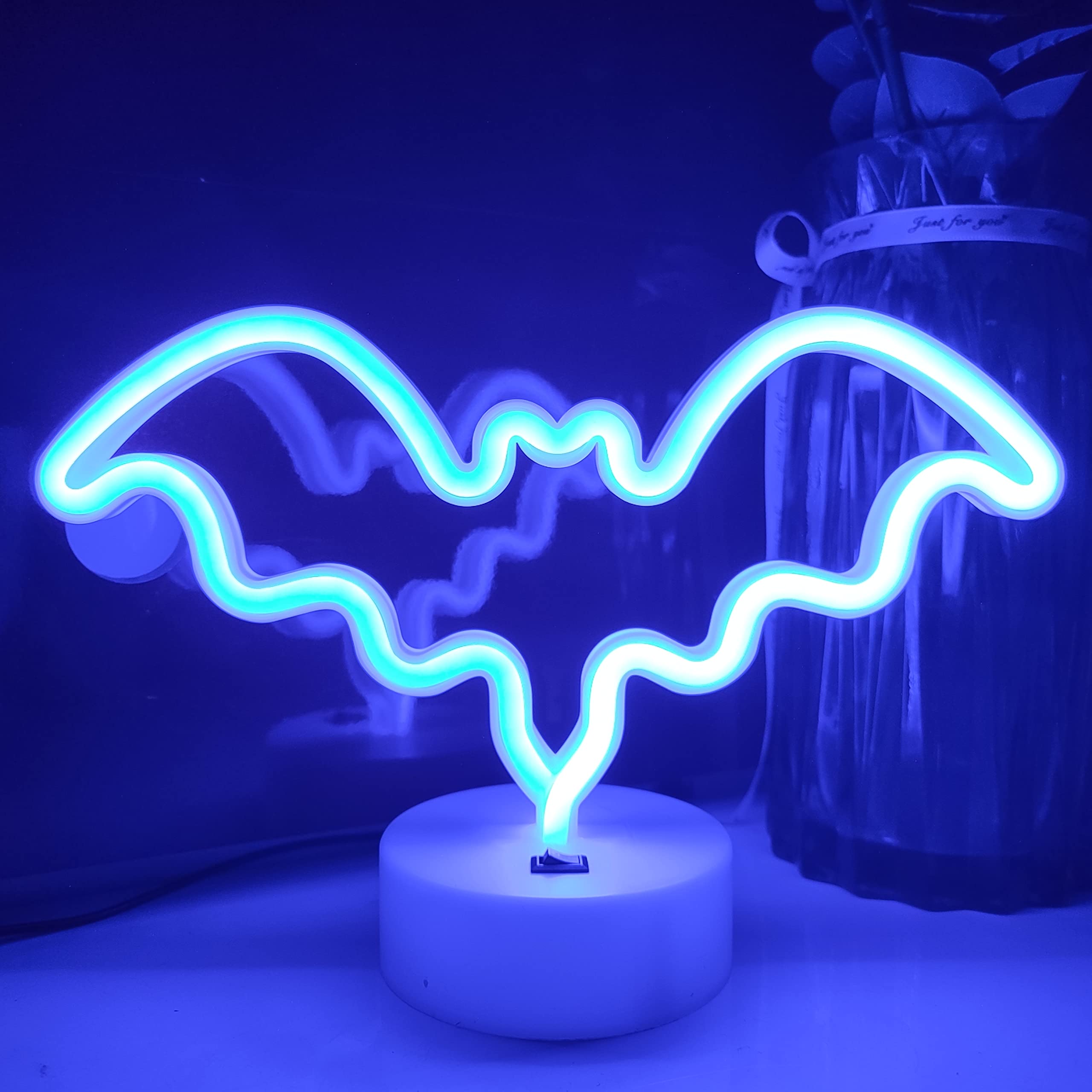 JYWJBat Neon Signs With Holder Base,USB or 3-AA Battery Powered Neon Light,LED Lights Table Decoration,Kids Birthday Gift,Wedding Party Supplies Business Gifts Neon Signs (Blue)