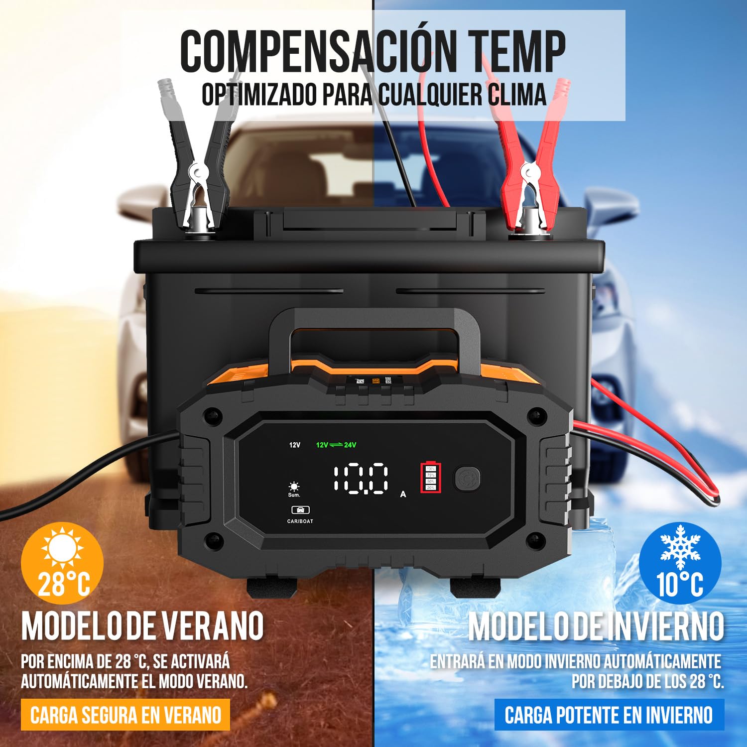 Cargador de batería Inteligente 10A, Cargadores de batería de Coche LiFePO4 12V 24V, mantenedor de batería automático con compensación Temperatura para Coche Motocicleta camión, AGM, Gel, húmedo, SLA