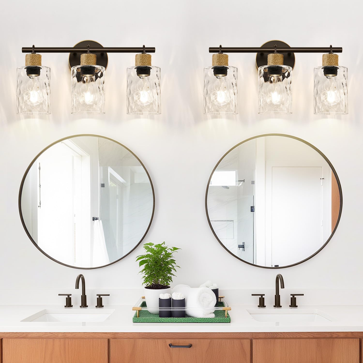 MOKATNG Bathroom Light Fixtures, 3-Light Coastal Vanity Lights with Crystal Glass Shade, Oil-Rubbed Bronze Bathroom Wall Lamp for Mirror Kitchen Hallway Cabinet