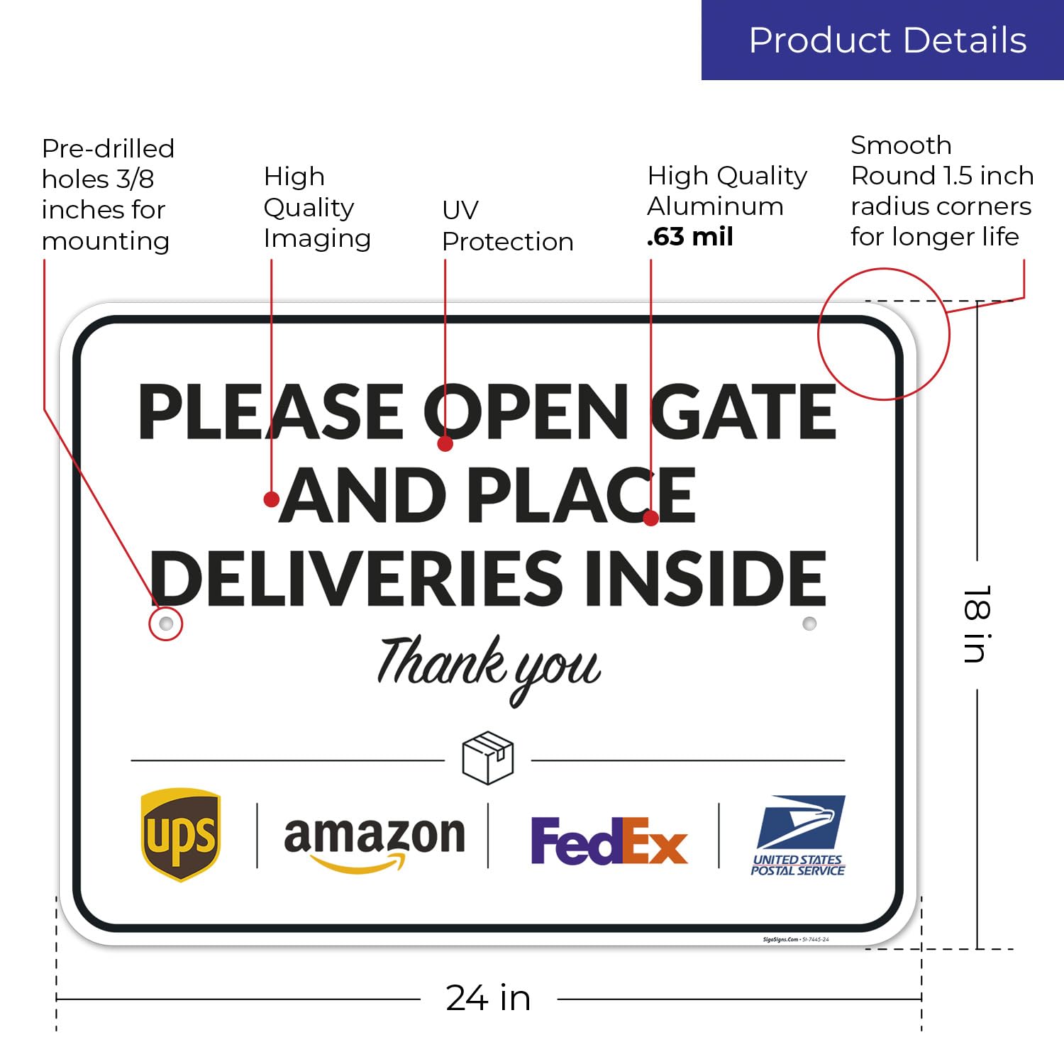 Package Delivery Sign, Delivery Instructions Open Gate and Leave Delivery Inside Sign, 18x24 Inches, Rust Free .063 Aluminum, Fade Resistant, Made in USA by Sigo Signs