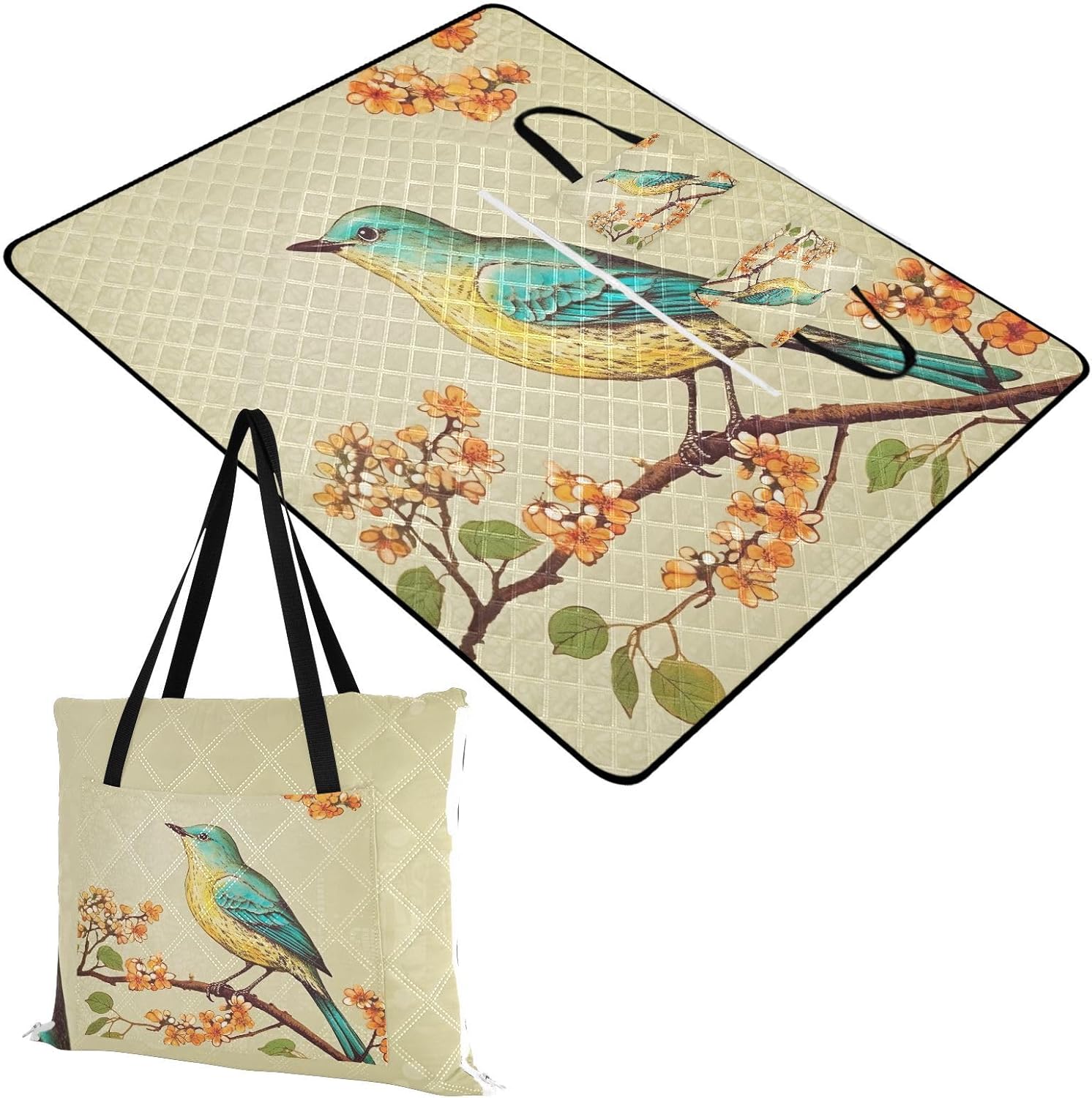 Vintage Bird Picnic Blankets,Foldable Hand Bag Beach Blanket with Carry Strap Waterproof Sandproof Outdoor Blankets for Camping Park Travel 60x80 Inches