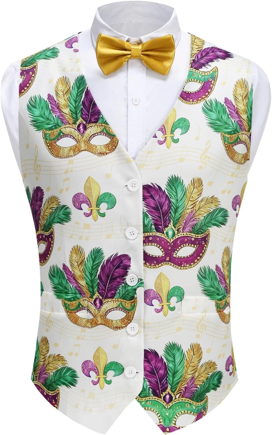 yolsun Men's Mardi Gras Vest 3D-Print Festival Party Holiday Waistcoats Mardi Gras Outfit