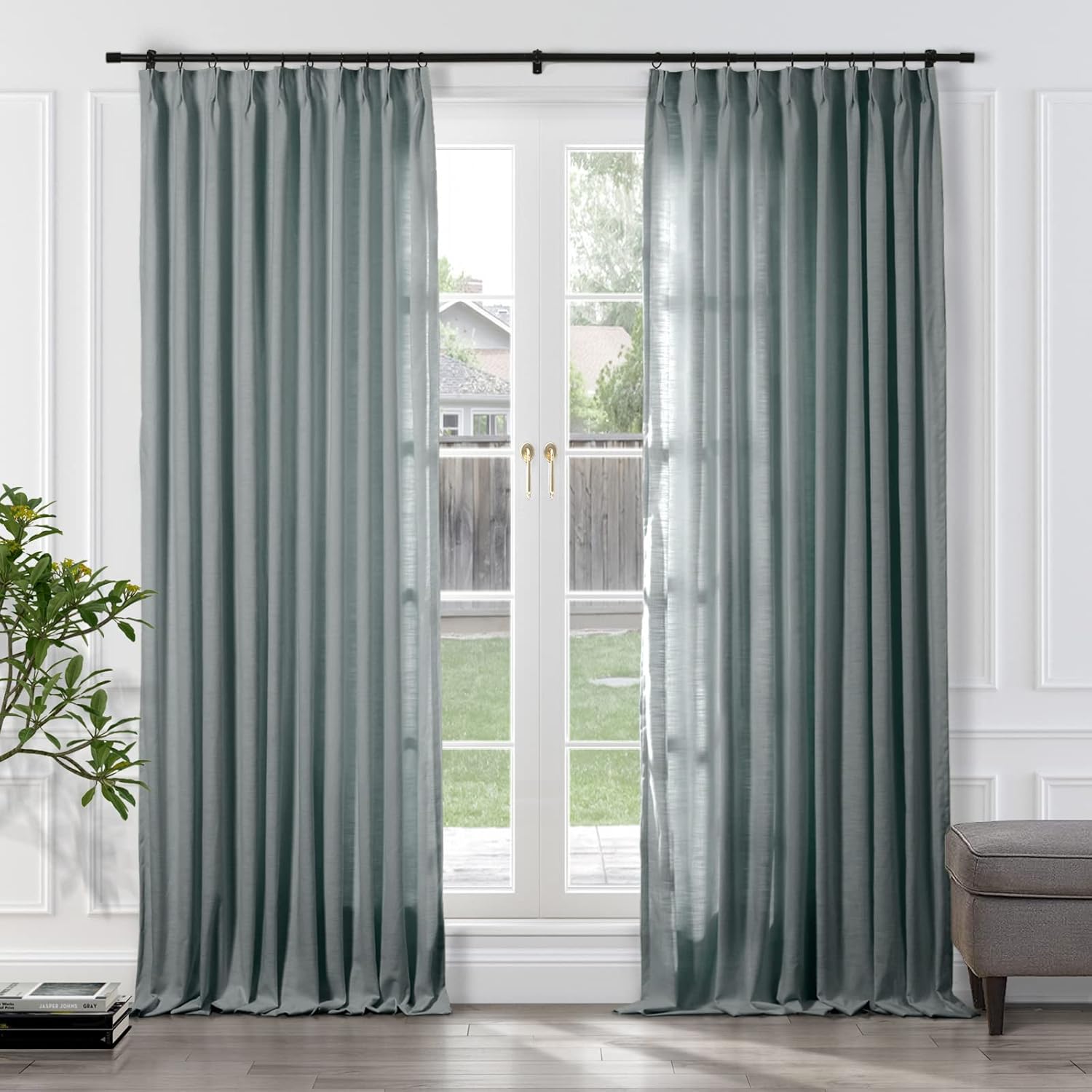 ChadMade Linen Cotton Pinch Pleat Curtain 102 inch Long Drape Room Darkening Curtain Panel for Living Room Patio Door 72Wx102L Smoke Blue (1 Panel), Cary Collection