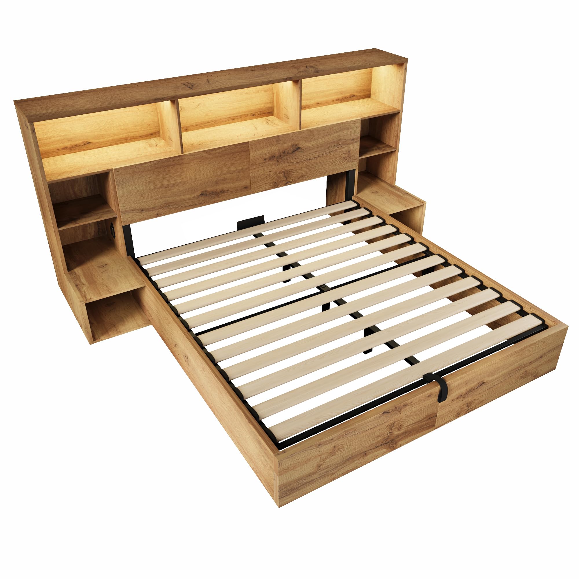 Kebnor Letto di sistema, effetto rovere con idraulico, letto matrimoniale in legno con comodini integrati, struttura del letto con rete a doghe e testiera, LED & USB-C, senza materasso (160 x 200 cm)