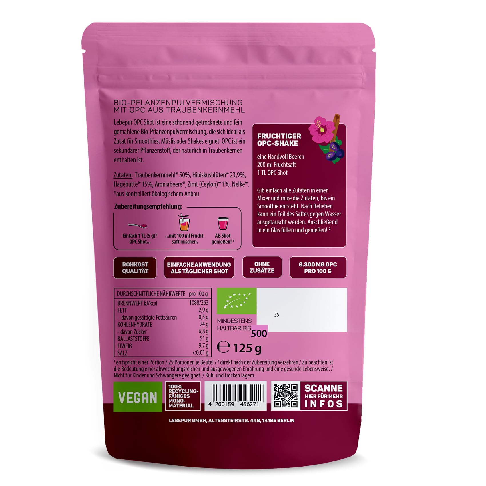 Lebepur BIO OPC Shot Pulver 500g - Traubenkernmehl mit 6300 mg OPC pro 100 g - aus biologisch angebauten Traubenkernen, fein gemahlen, für Smoothies, Shakes oder Müsli