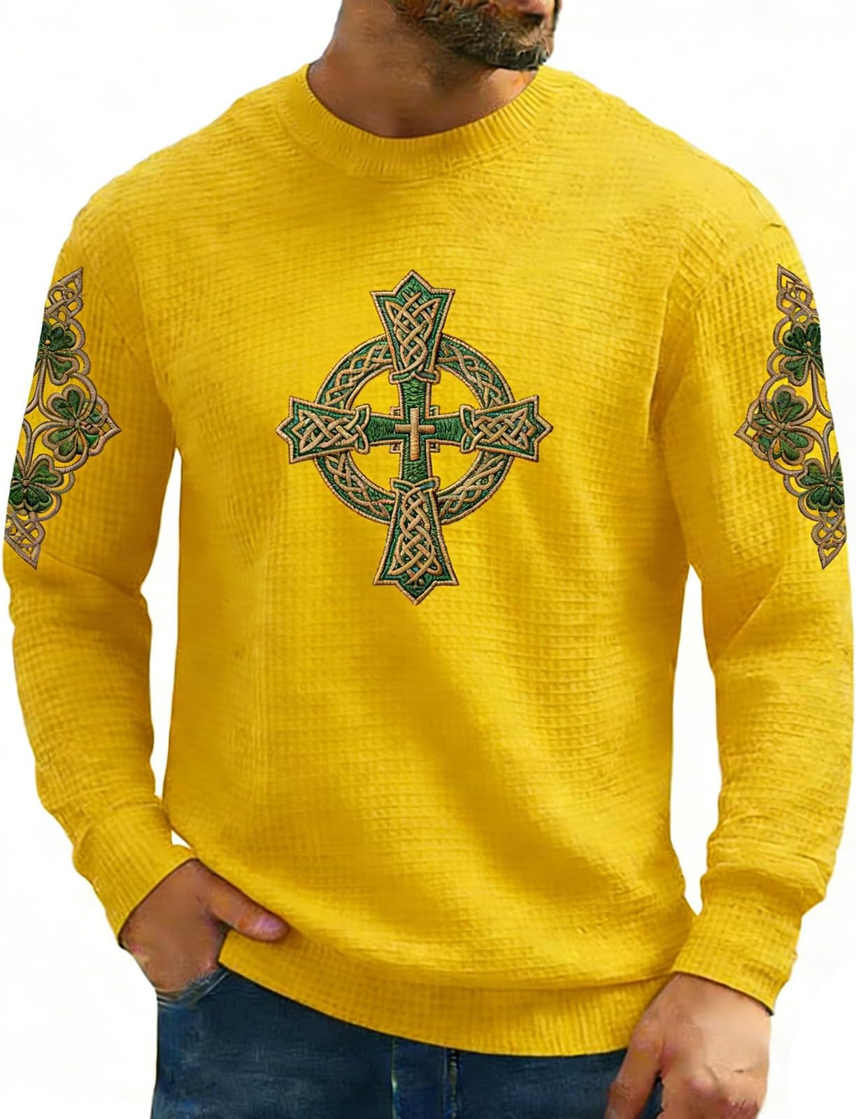 St Patrick's Day Sweatshirt Men's Crew Neck Long Sleeve Pullover Soft Material Casual Look for Festive Occasions (Yellow, XL)