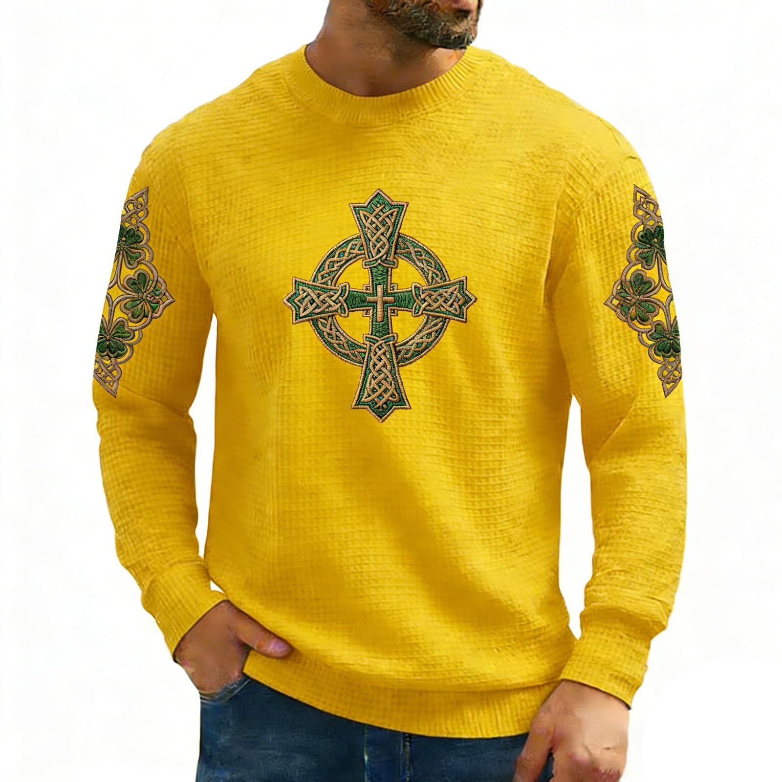 St Patrick's Day Sweatshirt Men's Crew Neck Long Sleeve Pullover Soft Material Casual Look for Festive Occasions (Yellow, XXXXXL)