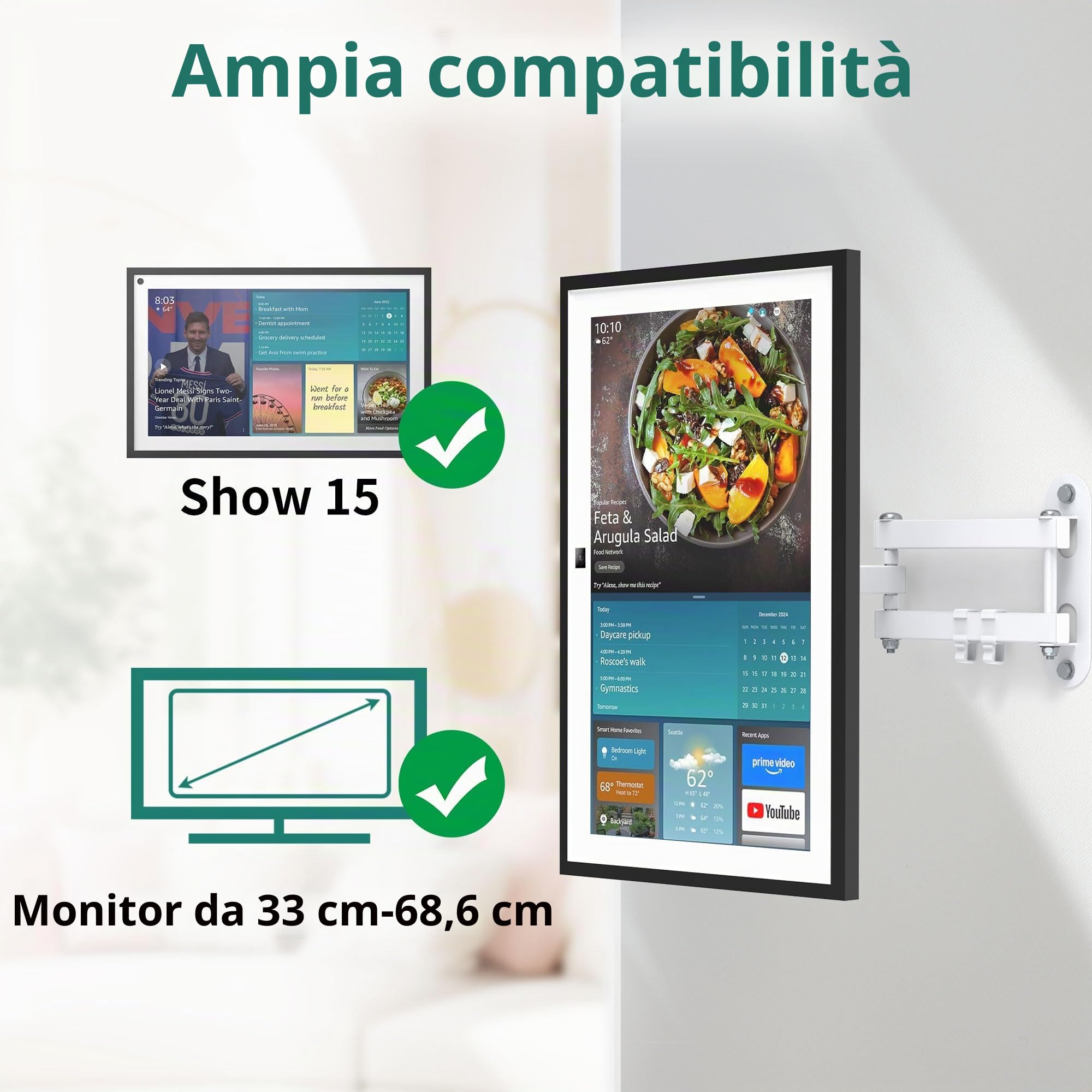 PlusAcc Supporto a parete universale per Show 15, VESA 100x100 supporto monitor con rotazione a 360° e inclinazione – perfetto per display intelligenti fino a 27 pollici