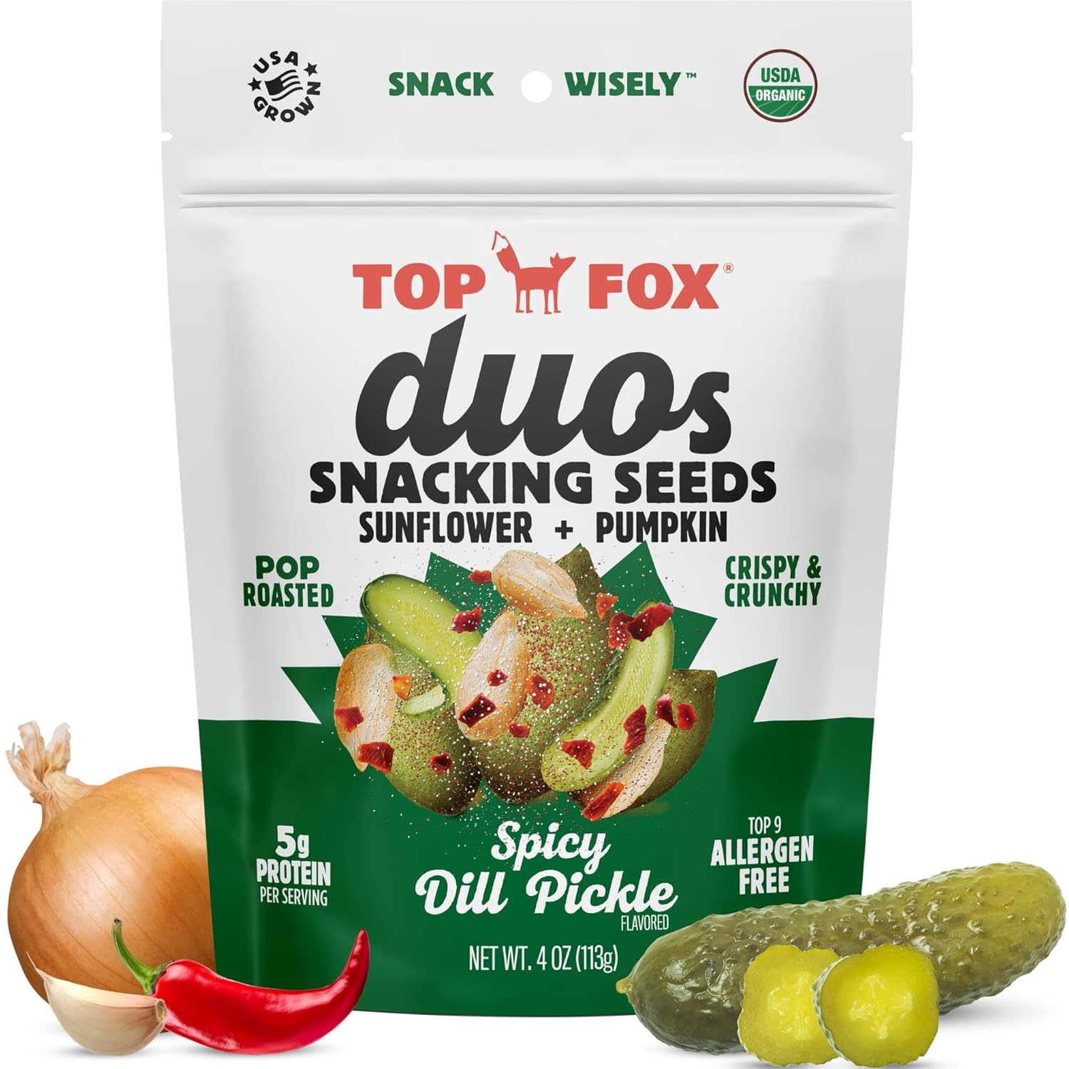 Top Fox Snacks Spicy Dill Pickle Sunflower Seeds and Pumpkin Seeds to Eat Duo (4 oz, Pack of 6) – Keto Friendly Snacks, Gluten Free Snacks, Protein Snacks, Keto Snacks, Paleo, & Vegan - Organic