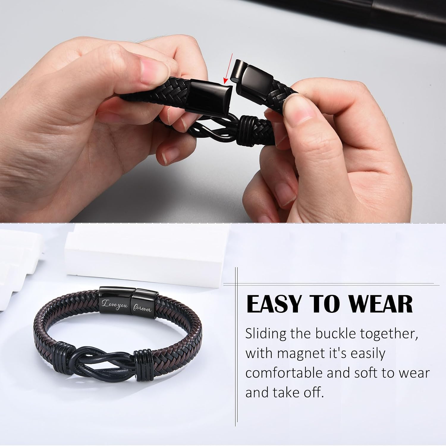 Gifts for Men Son Grandson Husband Bonus Son - Braided Leather Bracelets Engraved with Love You Forever, Birthday Valentines Fathers Day Graduation Christmas Gifts for Men Boys