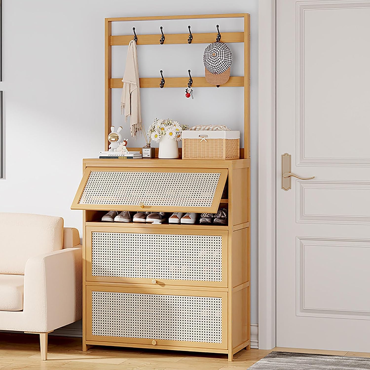 Shoe Storage Cabinet Cabinets Hallway Slim Cupboard Cupboards Hallways Slimline，Modern Slim Rattan Shoe Cabinet with Coat Shelf FreeStanding Dresser with 3 Flip Doors Stylish Bamboo Accent S