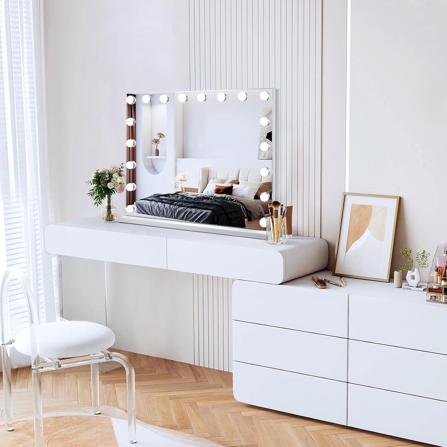 Vanity Mirror with Lights, 28” x 22” Large Hollywood Vanity Mirror, 3Color Models Touch Screen Control, 18 Bulbs LED Lights Mirror & 10X Magnifying Mirror, Tabletop or Wall-Mounted