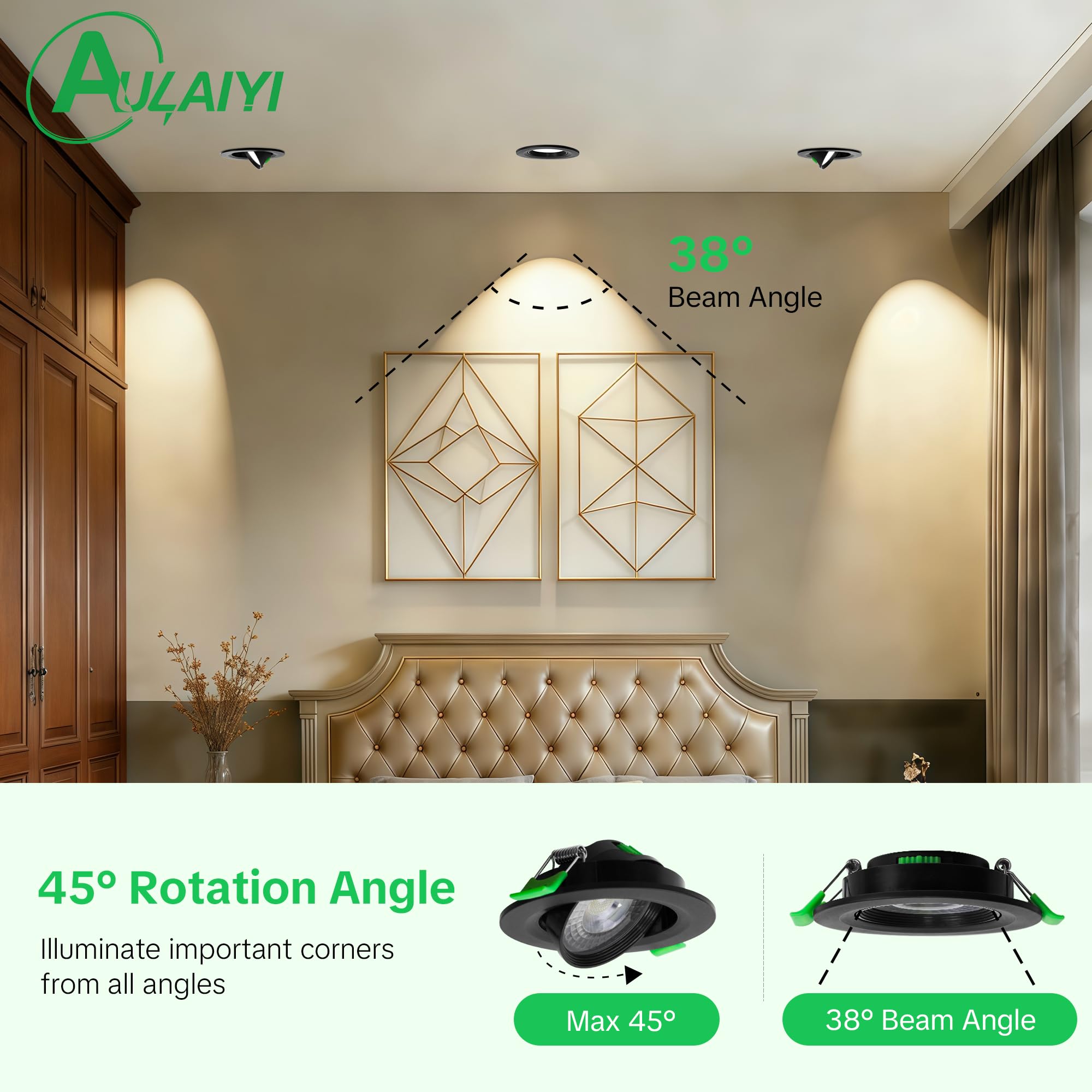 Spot LED Encastrable Orientable 230V, 5W 500LM Spots de Plafond Extra Plat Blanc Chaud Blanc Neutre Blanc Froid Réglable, IP44 Spot Salle de Bain, Trou Ø68-80mm, Noir Lot de 10