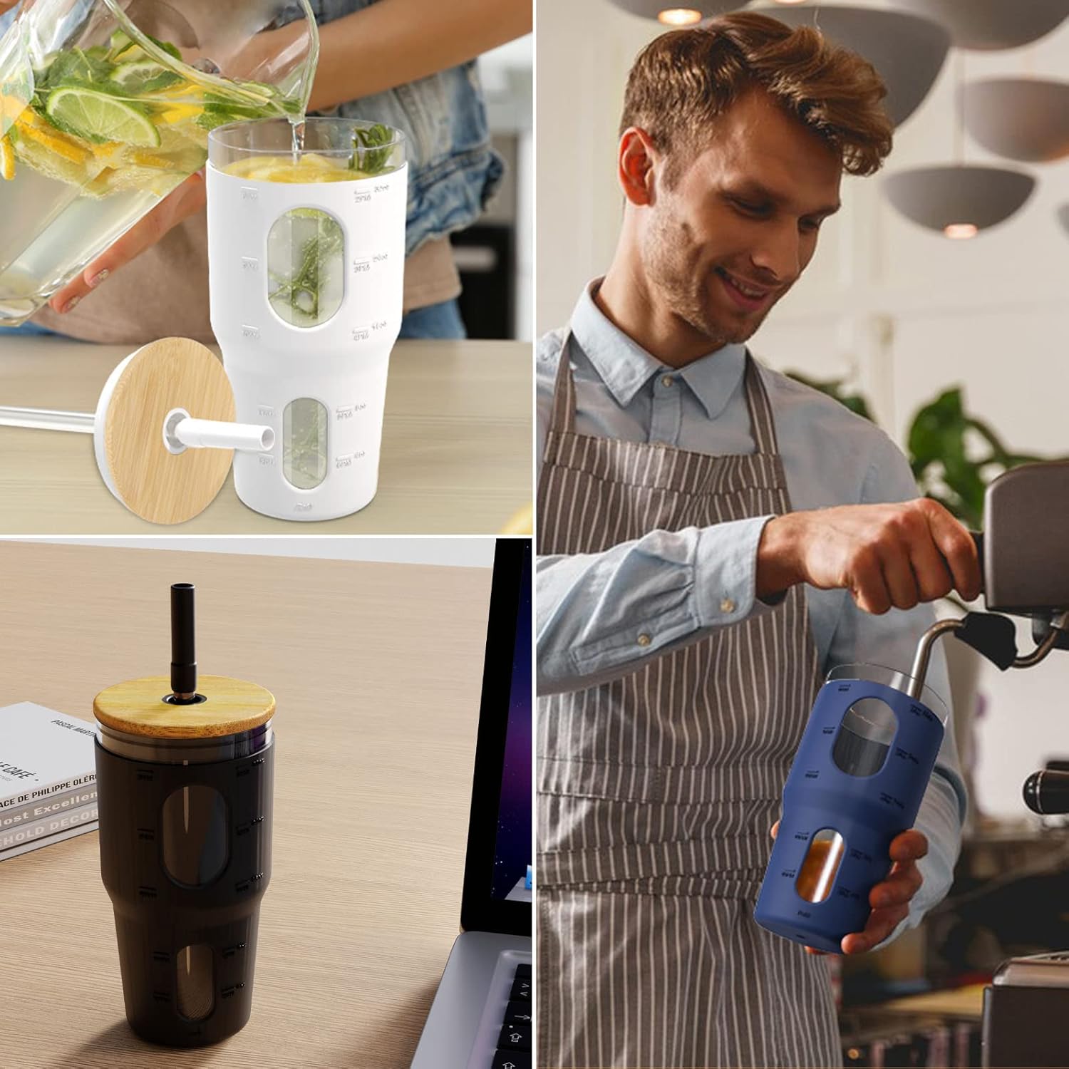 Tronco 32 Oz Tumbler with Straw and Lid, Reusable Drinking Glass Cup with Time Marker, Silicone Sleeve, Fits Cup Holder and Without BPA for Smoothie, Tea, Iced Coffee (Black) - Image 6