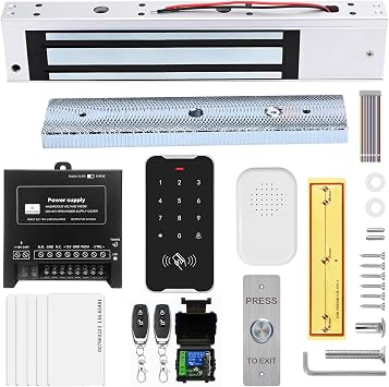 Door Access Control System Kit Set with 280kg/600lbs Electric Magnetic Lock, RFID Keypad, Two Remotes,DC12V/5A Power Supply,Stainless Steel Push to Exit Button, 5pcs RFID EM ID Card C60-Kits