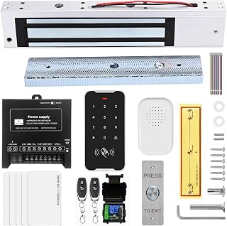 Door Access Control System Kit Set with 280kg/600lbs Electric Magnetic Lock, RFID Keypad, Two Remotes,DC12V/5A Power Supply,Stainless Steel Push to Exit Button, 5pcs RFID EM ID Card (C60-Kits)