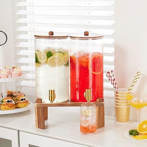Miniatura 6 de 2 dispensadores de bebidas de 1.5 galones, dispensador de bebidas de vidrio con soporte de madera, dispensadores grandes de bebidas de agua para