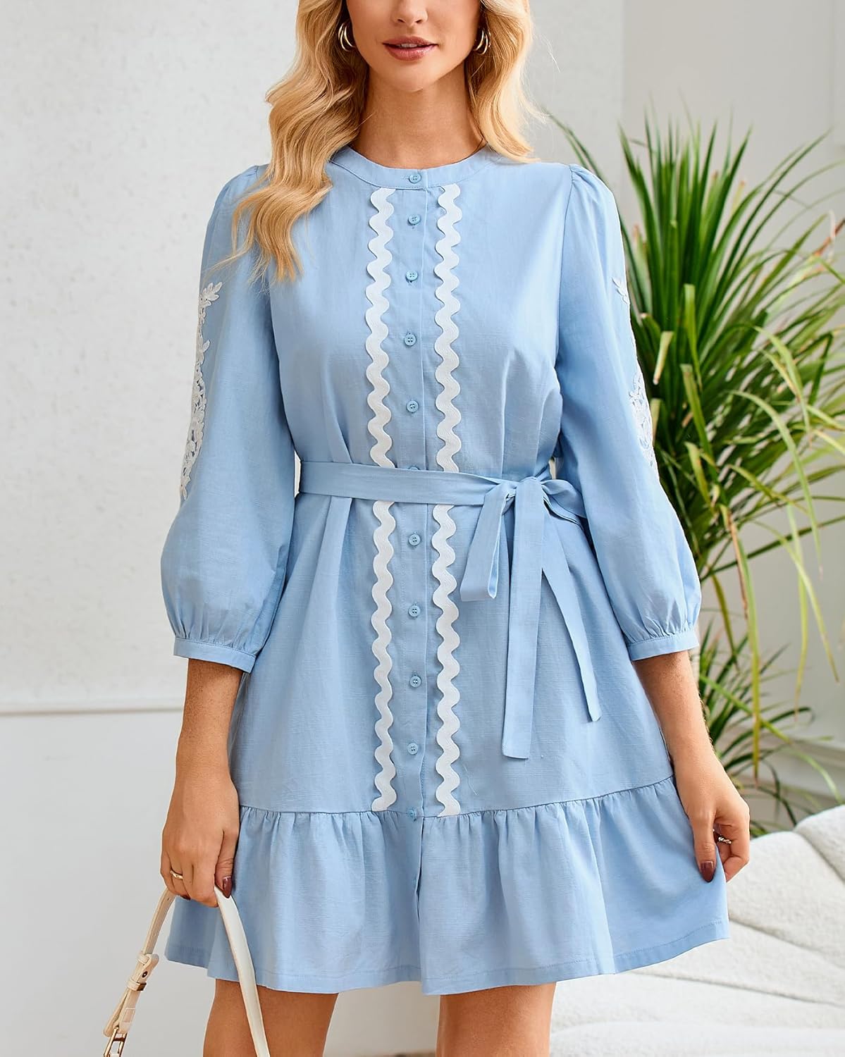 Women's Button Down Shirt Dresses Casual Crew Neck Belted 3/4 Sleeve Flowy Ruffle Hem Mini Dress - Image 6