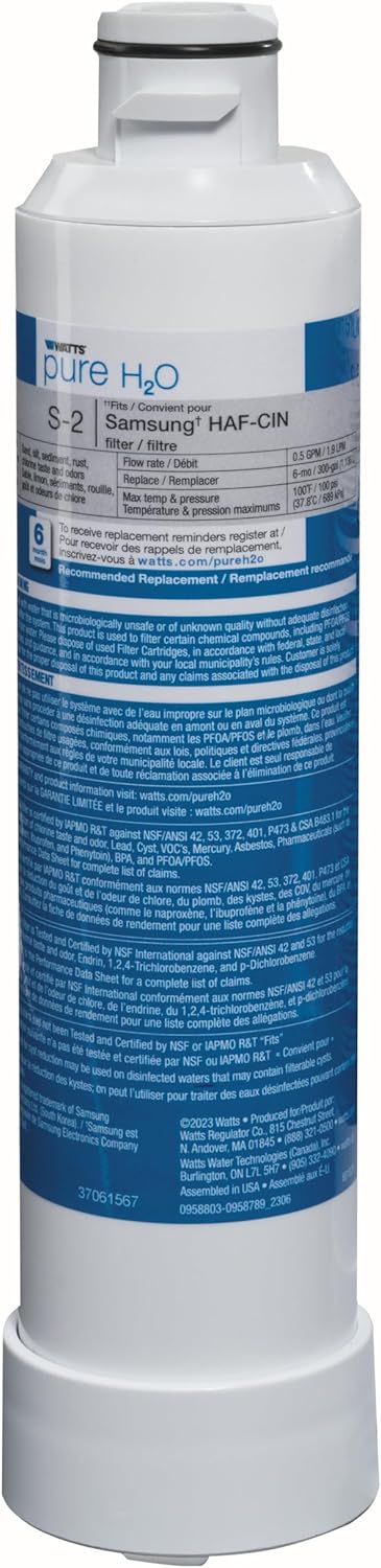 Watts S-2 Samsung Refrigerator Water Filter Replacement Cartridge, Compatible with DA29-00003G, 6-Month/300 Gallon Life, Reduces Lead, Chlorine & Odor, NSF Certified