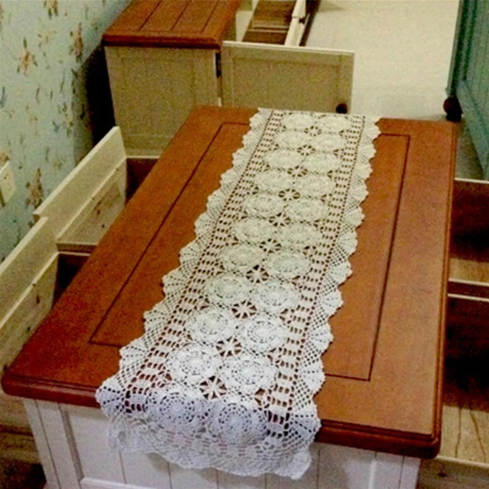 Elegant und luxuriös Handgemachte Baumwolle Gehäkelte Tischdecke Spitzendeckchen Blumen Tischläufer for Zuhause Café Tischdekoration 1 Teile/los (Beige,40x140cm)