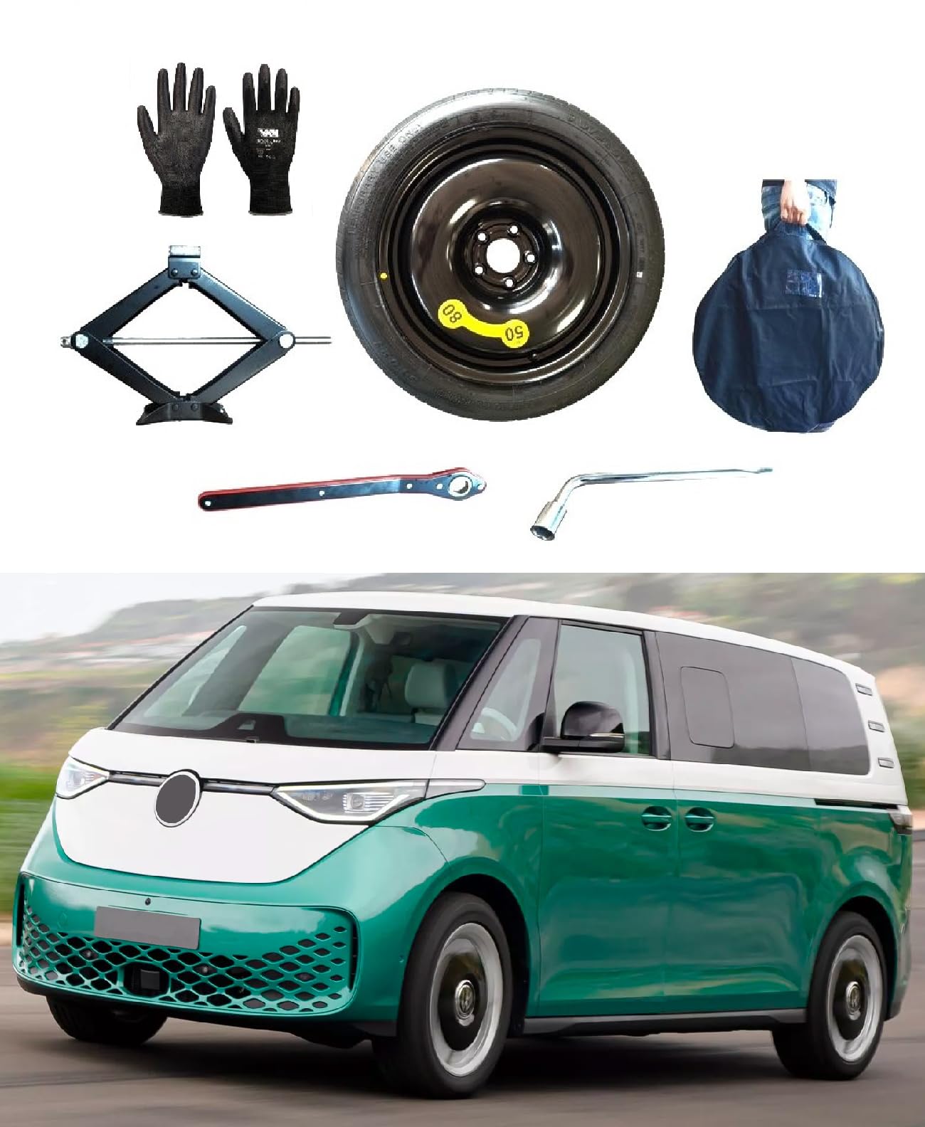Kit de Rueda de Repuesto 19" compatible con Volkswagen ID Buzz con Gato, Llave, Guantes y Funda 155/80R19