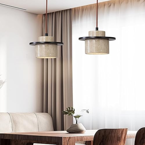 Miniatura 2 de Lámpara colgante japonesa Wabi Sabi de piedra natural, lámpara colgante de travertino amarillo nórdico para isla de cocina, candelabro de madera