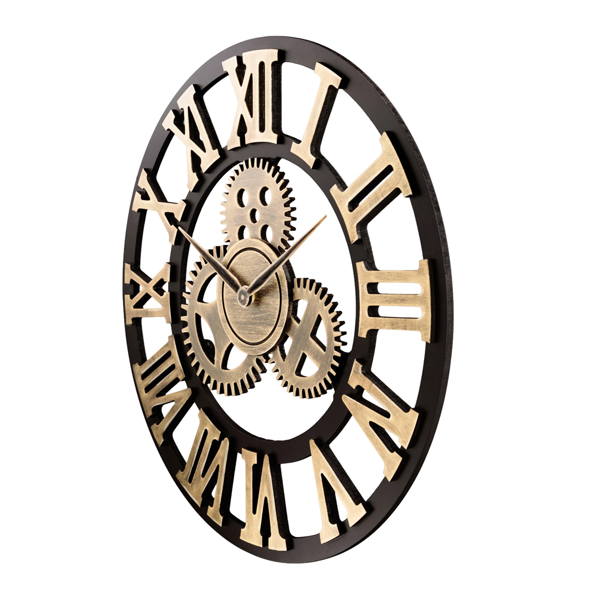 Lafocuse Reloj de Pared Grande Salon Engranajes, Vintage Reloj Madera Dorado Industrial, Silencioso Reloj de Cuarzo Números Romanos Retro para Bar Cafetería Cocina 58cm