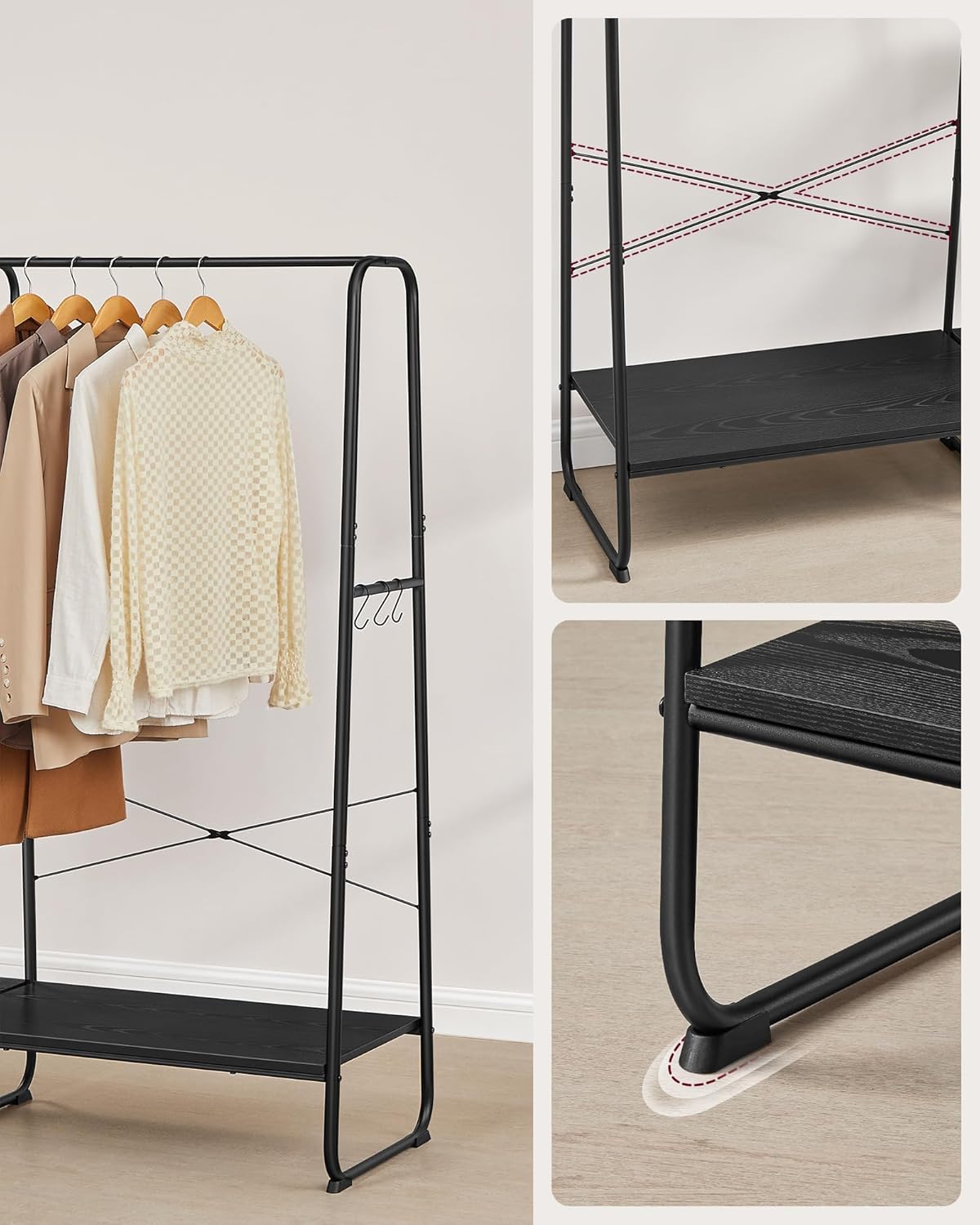 Close-up details of the VASAGLE RGR116B02 garment rack, highlighting the X-bars at the back for stability and the design of the feet.