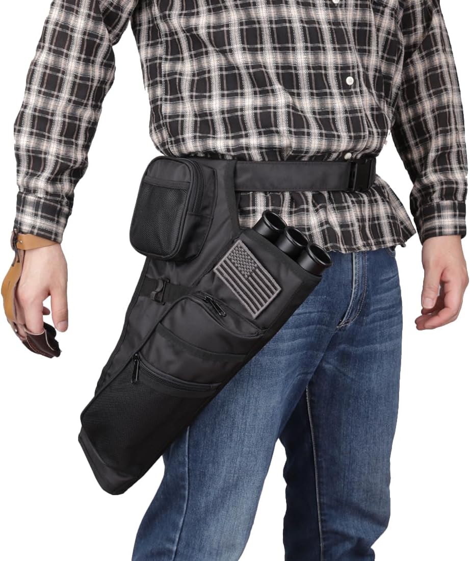 KRATARC 3-Tubes Hip Quiver Waist Hanged Arrow Archery Carry Bag with Pockets Adjustable Belt