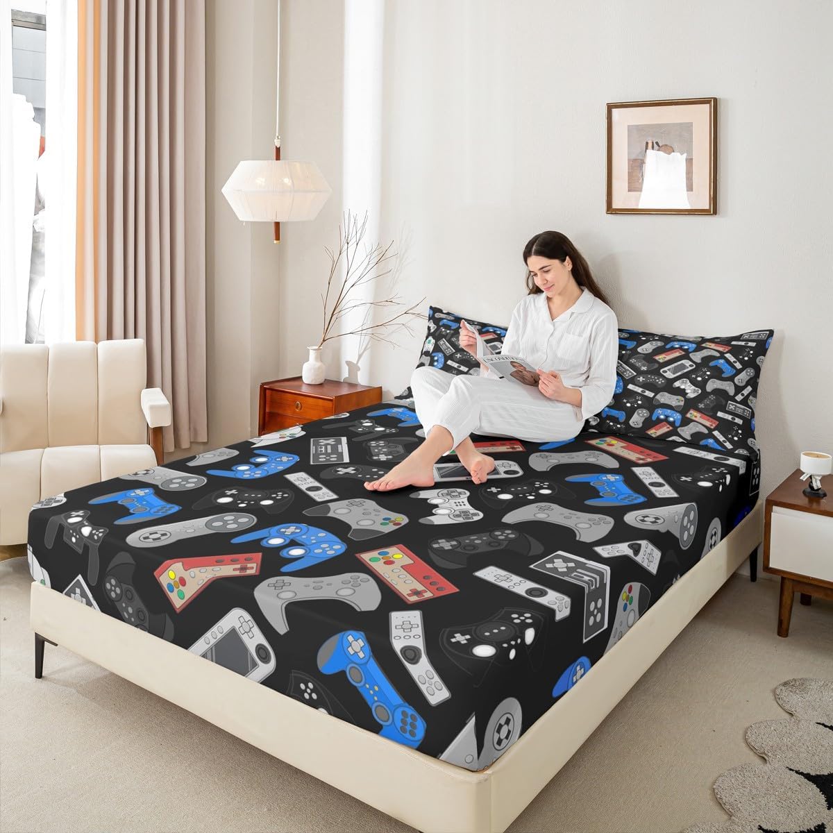 Teens Gamepad Fitted Sheet Modern Gamer Fitted Bed Sheet Twin Size for Kid Boy Children Video Game Bedding Set Player Gaming 2 Piece Bedding Decor Set Breathable Decorative Room(No Flat/Top Sheet) image 3