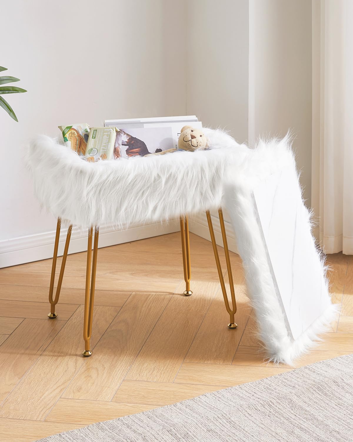 IBUYKE Tabouret Fausse Fourrure vanité avec Stockage, Blanc WBD022W