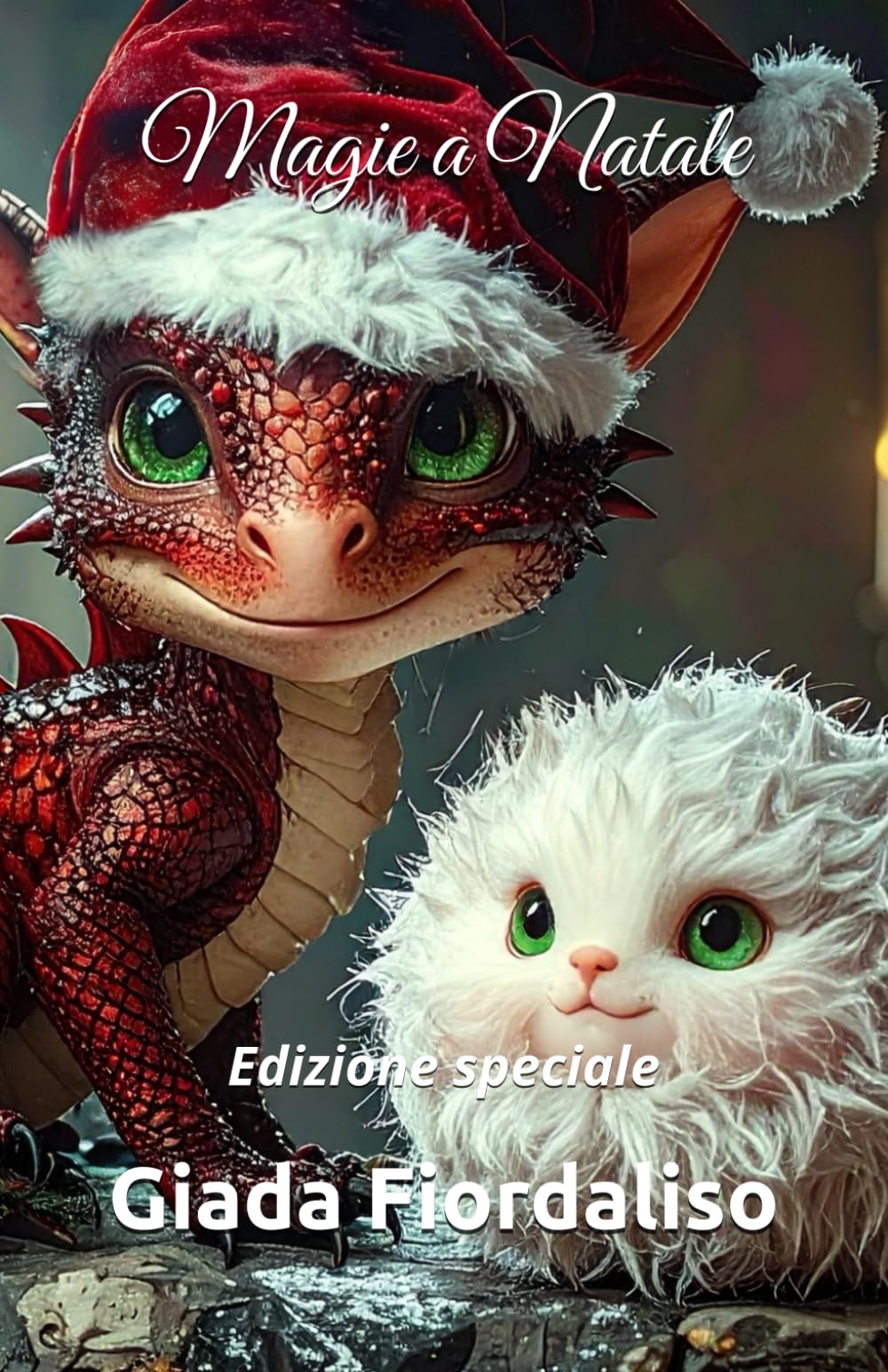 Magie a Natale- edizione speciale- copertina con draghetto rosso Igrot e con Kiro e sfondi interni illustrati in bianco e nero raffiguranti bacio tra i protagonisti: Edizione speciale